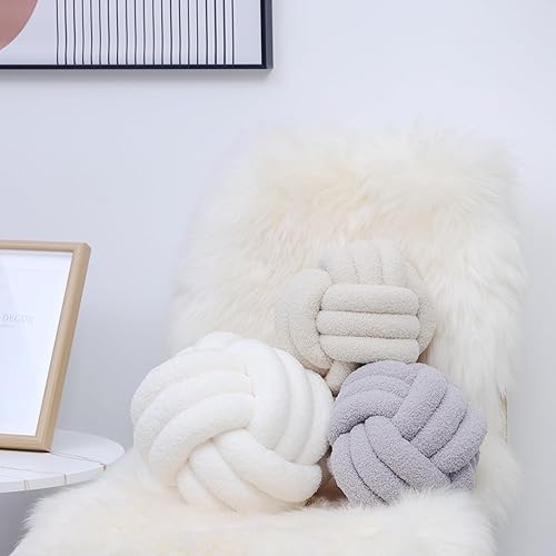 Miniatura 5 de Petrella Almohada redonda de nudo para decoración del hogar, cojín decorativo estético, lana de cordero, arroz, blanco, 8 pulgadas