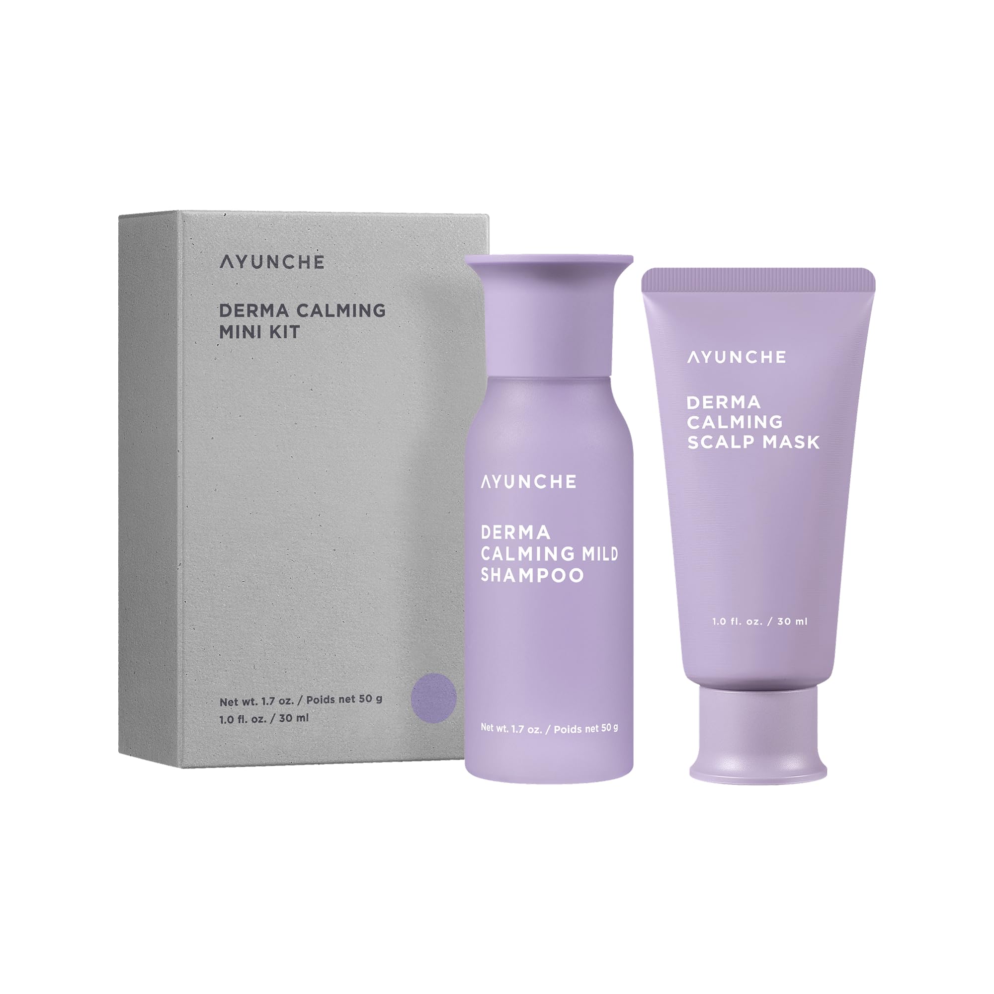 AYUNCHE Derma Calming Vegan Shampoo 1.76oz + Hair Mask 1oz Mini Kit [For Dry & Sensitive Scalp] | Gentle Hydrating Scalp Care | Strengthen Scalp