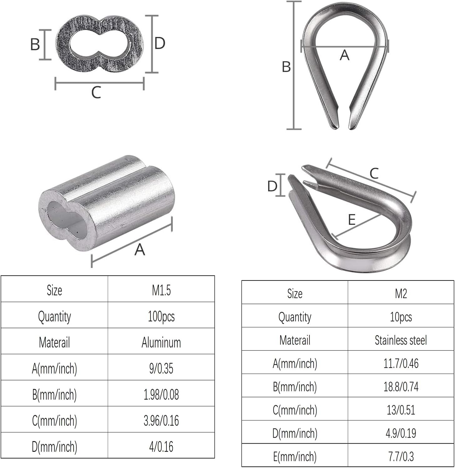 Wire Rope Crimping Tool Kit, 100FT Stainless Steel Cable, 100PCS Aluminum Crimping Loop Sleeve, Wire Rope Thimble