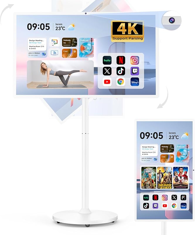 32" Portable Smart TV on Wheels, Qualcomm CPU, EDLA-Certified, Built-in 22000mAh Battery, 16+128GB, Android 14 OS Rolling Tablet TV, Full Swivel Rotation, Remote Control, 13MP Webcam