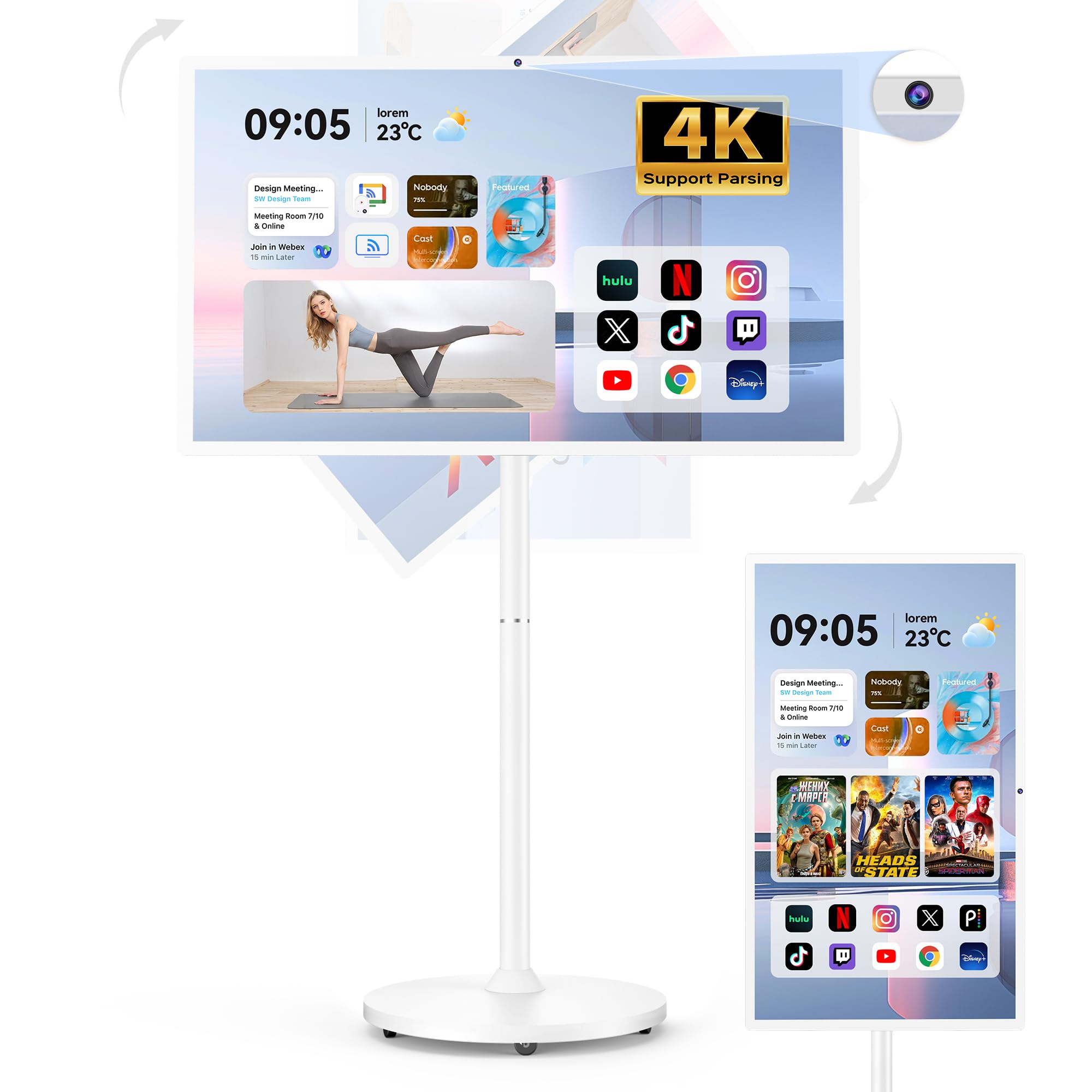 Bisprico Smart TV Portatile da 32 Pollici con Ruote, CPU Qualcomm, Certificato EDLA, Batteria Integrata da 22000mAh, 16+128GB, Android 14 OS Rolling Tablet TV, Rotazione Piena, Controllo