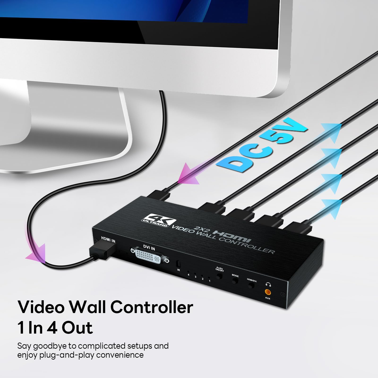 Video regolatore della parete 2X2, video processore della parete 4K x 2K HD Display Ingresso HDMI e DVI, uscita 1080P@60Hz, audio 5.1CH, rotazione di 180 gradi, 9 display di giunzione 2x2, 1x2