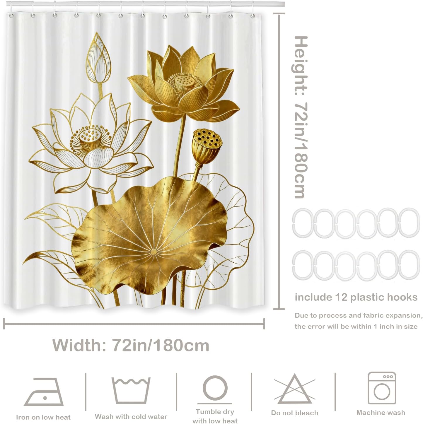 Batmerry Color Gold White Lotus Decorative Shower Curtain, Contour Color Gold White Lotus Asian Flower Symbol Peace Cute Long Wide Rust Proof Grommets for Bathroom Waterproof Washable, 72x72 inches