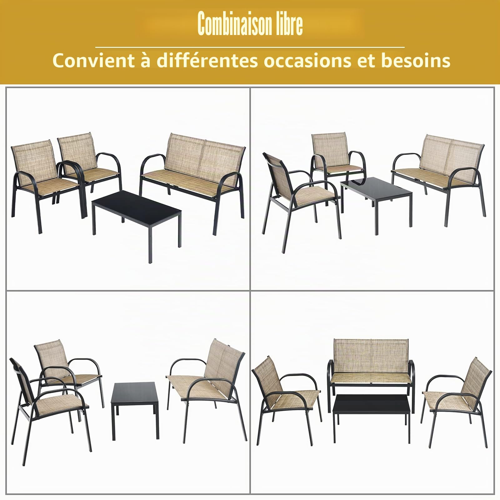 GIANTEX Salon de Jardin Exterieur 4 Pièces, Table Basse en Verre Trempé, 2 Place Canapé, 2 Chaises, Mobilier de Jardin 4 Personnes en Tissu Respirant pour Terrase, Piscine, Patio, Marron