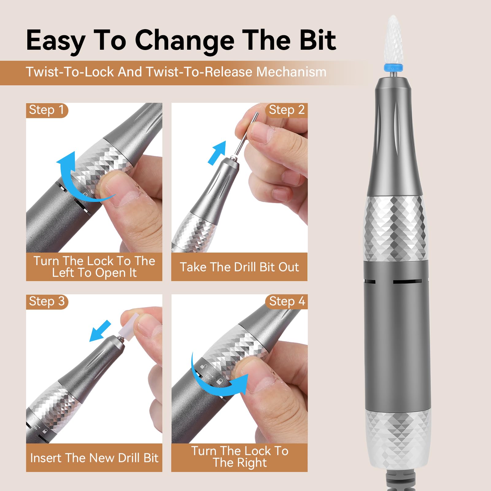 Torno para Uñas Profesional 45000RPM Lima Eléctrica con Pantalla LCD, Velocidad Ajustable Set Manicura y Pedicura con 12 Brocas y 50 Bandas para Uñas Acrílicas Gel Uso Doméstico Salones