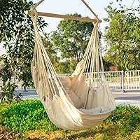 Vista 6 de Silla hamaca colgante de cuerda para interiores y exteriores, columpio de hamaca de tejido de algodón resistente, máximo 300 libras