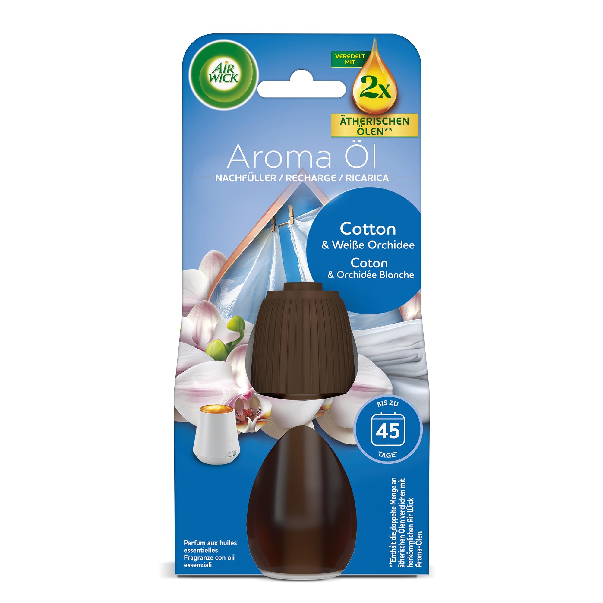 Air Wick Aroma-Öl – Vorteilspack – Nachfüllern mit ätherischen Ölen – Raumduft Cotton und Weiße Orchidee – 6 x 20 ml
