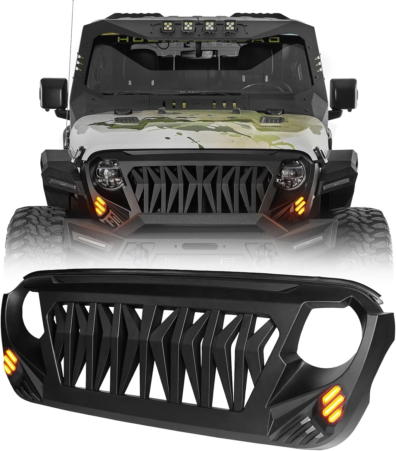 u-Box for Jeep Front Grill Matte Black Shark Grille Replacement w/Amber Turn Signal Lights Compatible with Jeep Wrangler JL & Gladiator JT 2018 2019 2020 2021 2022 2023 2024 2025 2026