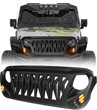 Hooke Road JL Grill Matte Black Replacement Front Shark Grille w/LED Lights Compatible with 2018-2026 Jeep Wrangler JL & Gladiator JT