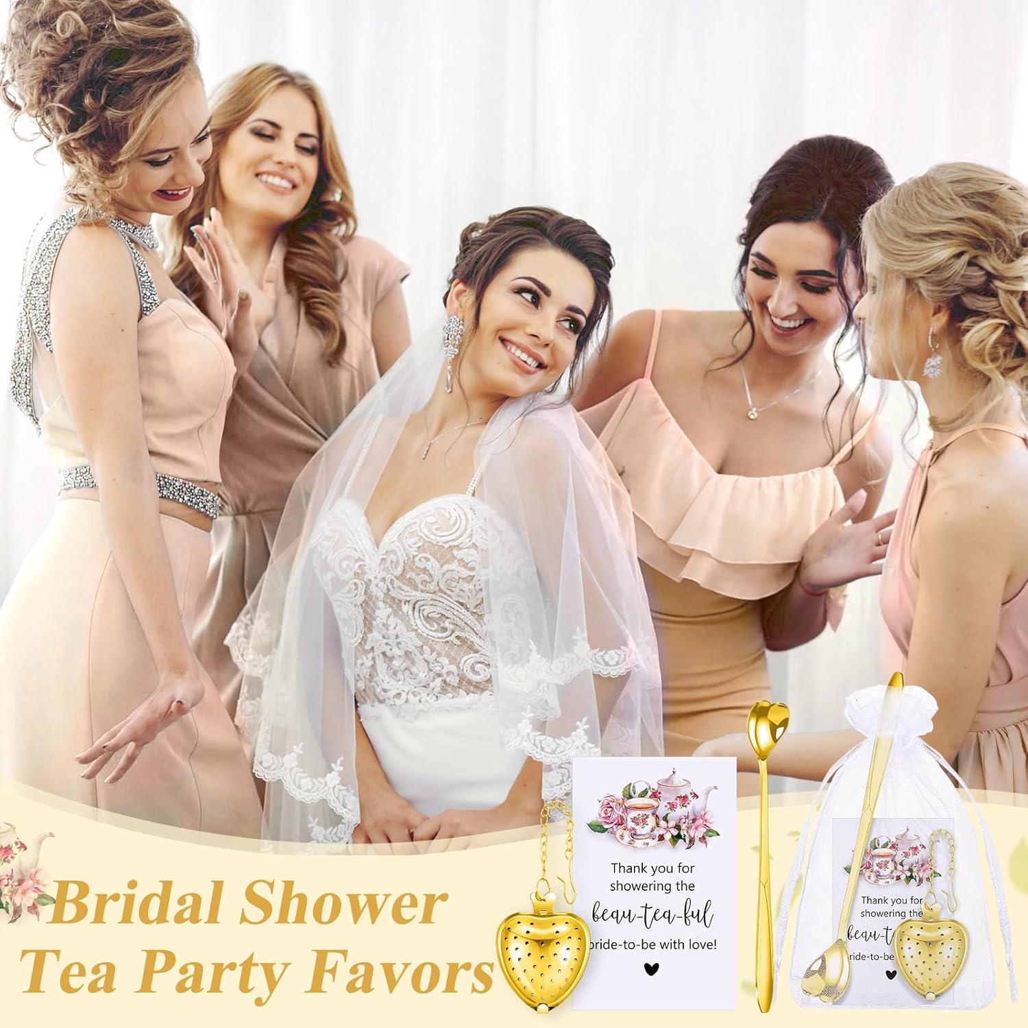Qinyoung 50 Sets Bridal Shower Tea Party Favors for Guests Party Heart Infuser Spoon Steeper for Loose Tea with Thank You Cards Organza Bags Wedding Souvenir (Gold)