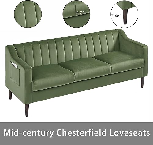 Miniatura 5 de Sofá Chesterfield de terciopelo moderno, sofá grande de 3 asientos, muebles de sofá tapizados cómodos de 76 pulgadas con marco de madera y patas de