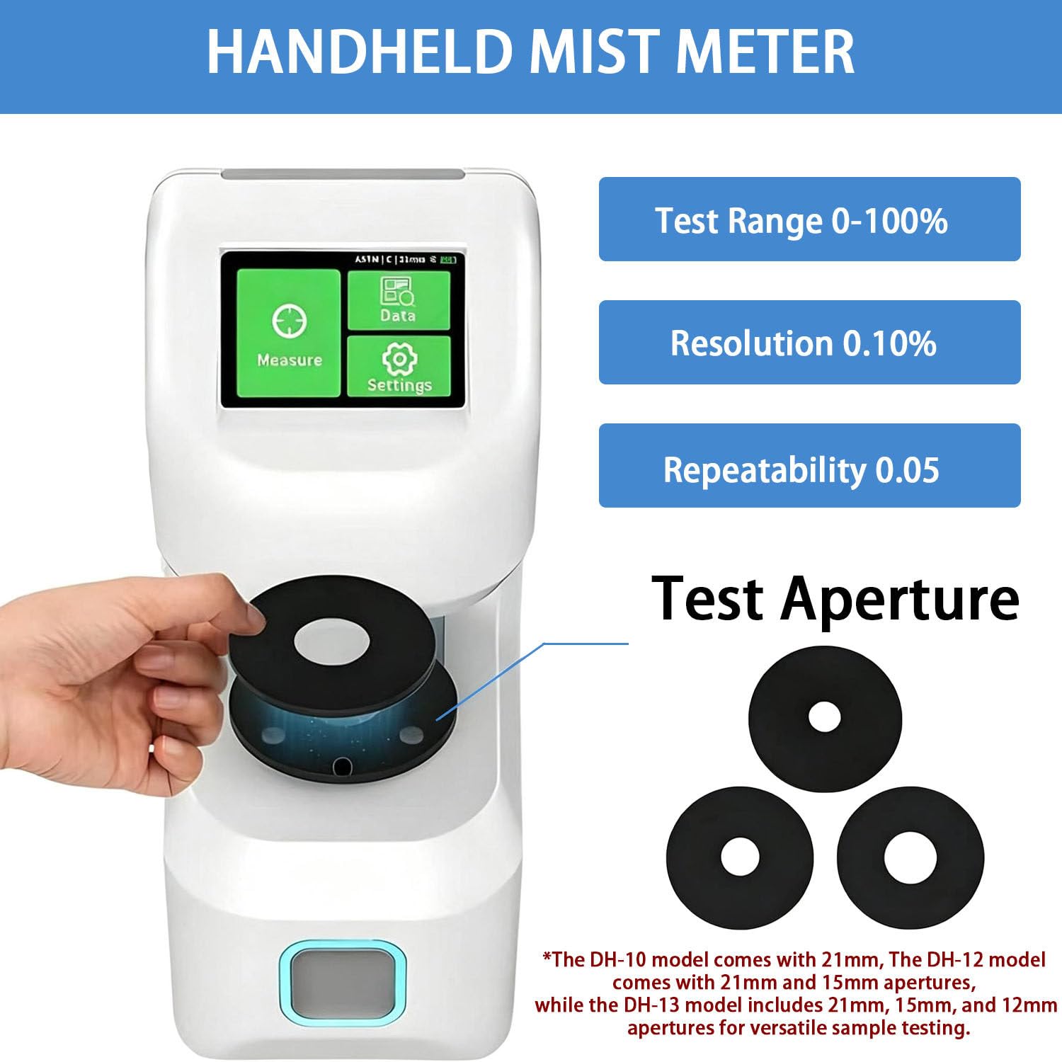 Medidor de neblina portátil, probador de transmitancia con aberturas de 21 mm/15 mm/12 mm, resolución de 0,01, pantalla táctil para película, gafas y plásticos transparentes