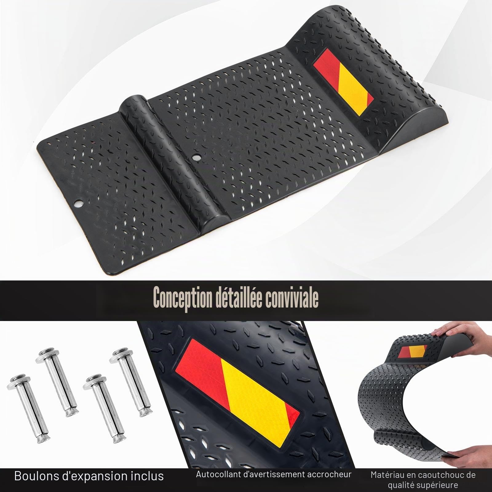 SOARS Tapis de Stationnement Antidérapants 2 Pièces, Charge 3500 KG | Stop Parking Antidérapant avec Bande d'Avertissement, 4 Vis d'Ancrage, Protection Anti-Collision, pour Voiture, Caravane