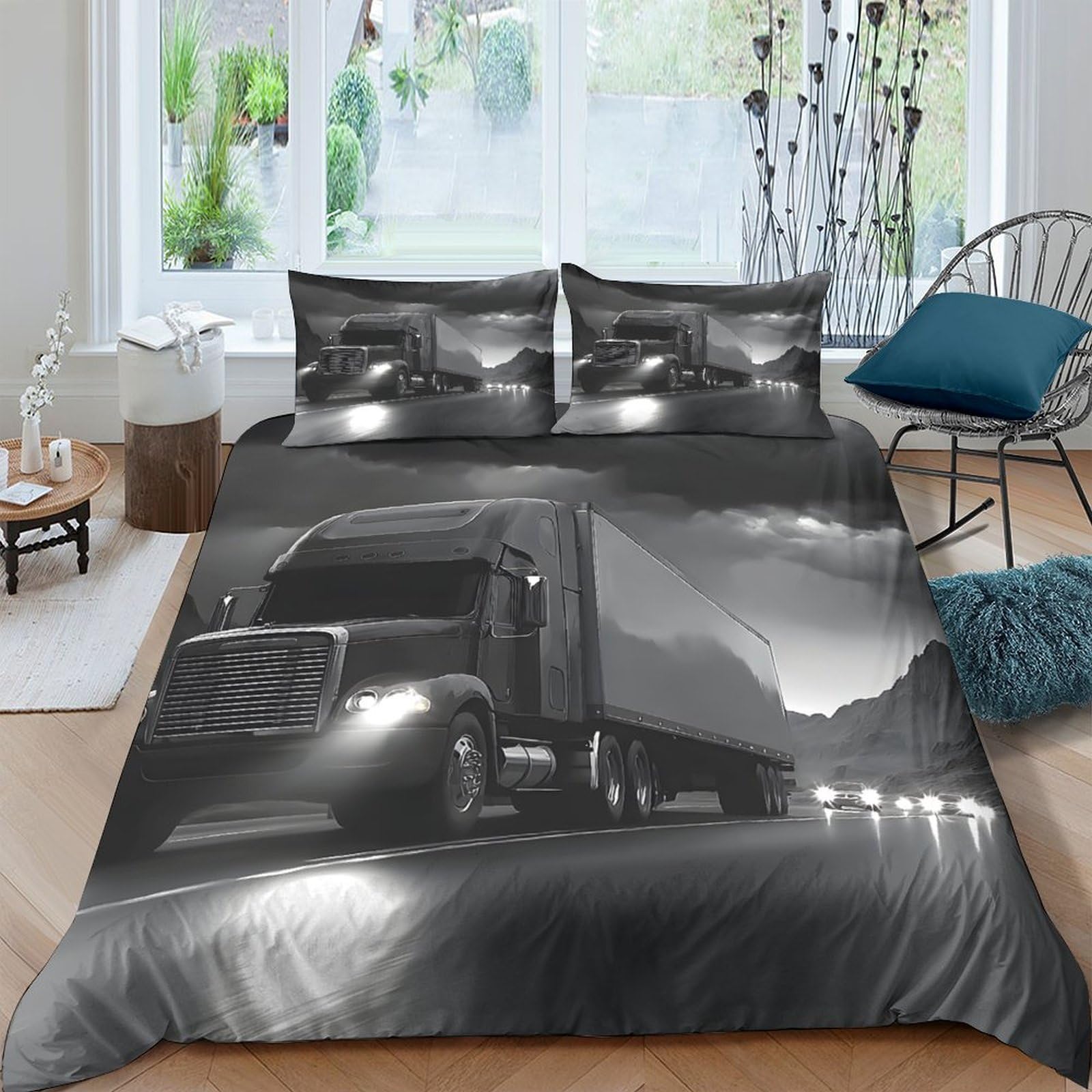 GPLZQXKJNH 3D Printed Truck Night Road Duvet Cover Set Microfiber Soft Breathable Highway Bedding Set with 2 Pillowcases for Bedroom Decor Single（135x200cm）