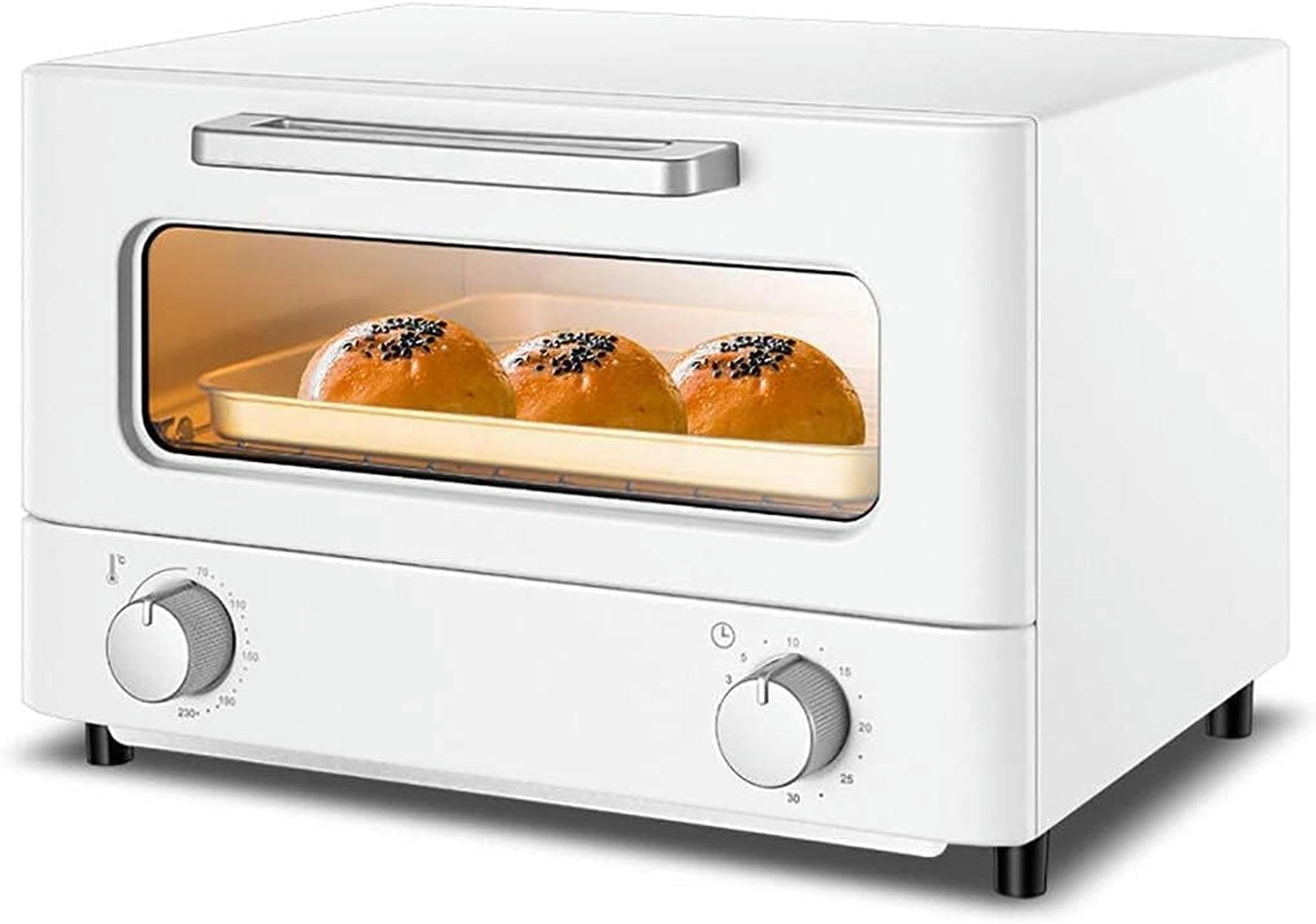 Mini Horno, Cocina eléctrica y Parrilla de 12 litros, Temporizador de Horno pequeño, Doble Puerta de Vidrio Superior e Inferior, Horno Tostador de convección de Calor (Blanco)