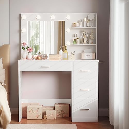 Miniatura 5 de Furmax Escritorio de tocador con espejo iluminado LED y toma de corriente, mesa de tocador de maquillaje con 4 cajones, 3 estantes de almacenamiento