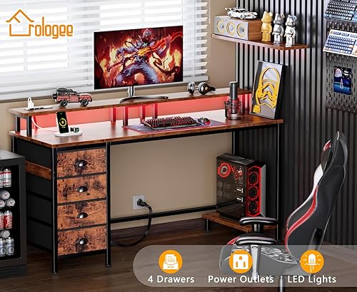 Miniatura 9 de Furologee 55 Inch Computer Desk Gaming with 4 Fabric Drawers with Power Outlets and LED Lights for Home Office with Full Monitor Stand and Shelf