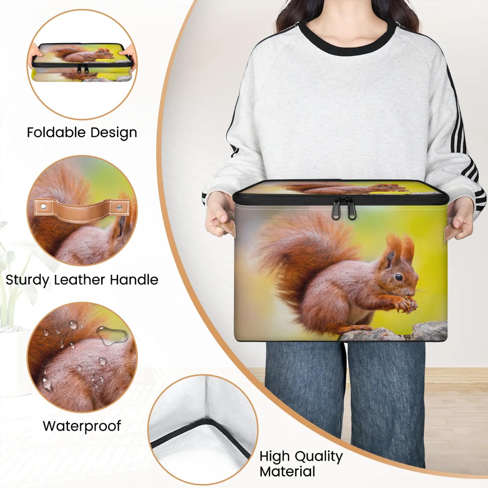 TropicalLife Niedliche Eichhörnchen-Aufbewahrungsbox, faltbar, Stoff, Eichhörnchen, großer Aufbewahrungskorb mit Reißverschluss, Deckel, Schlafzimmer, Zuhause, Kinderzimmer, Organizer für Spielzeug,