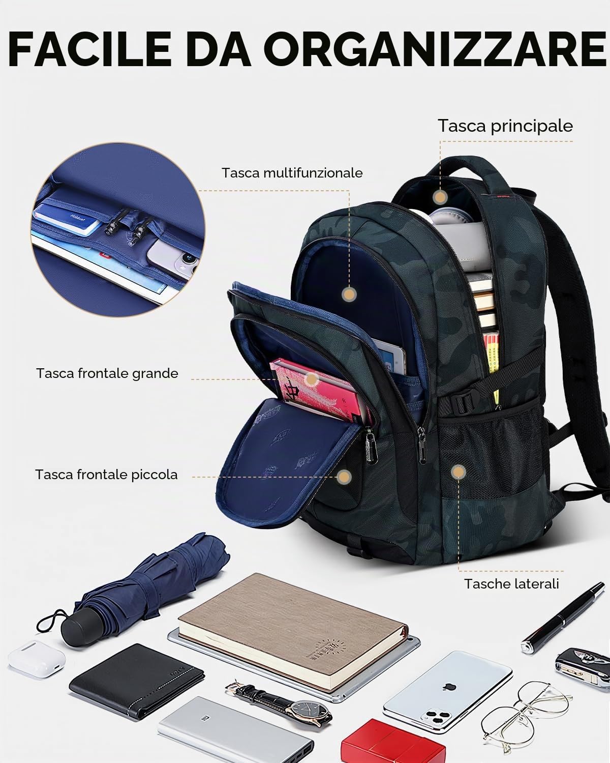 Amythe Zaino per Ragazzi delle Scuole Elementari e Medie, Set di Zainetto per Bambini Impermeabile con Stampa Mimetica, Zaino Casual con Zaino a Tracolla e Astuccio per Penne, Verde