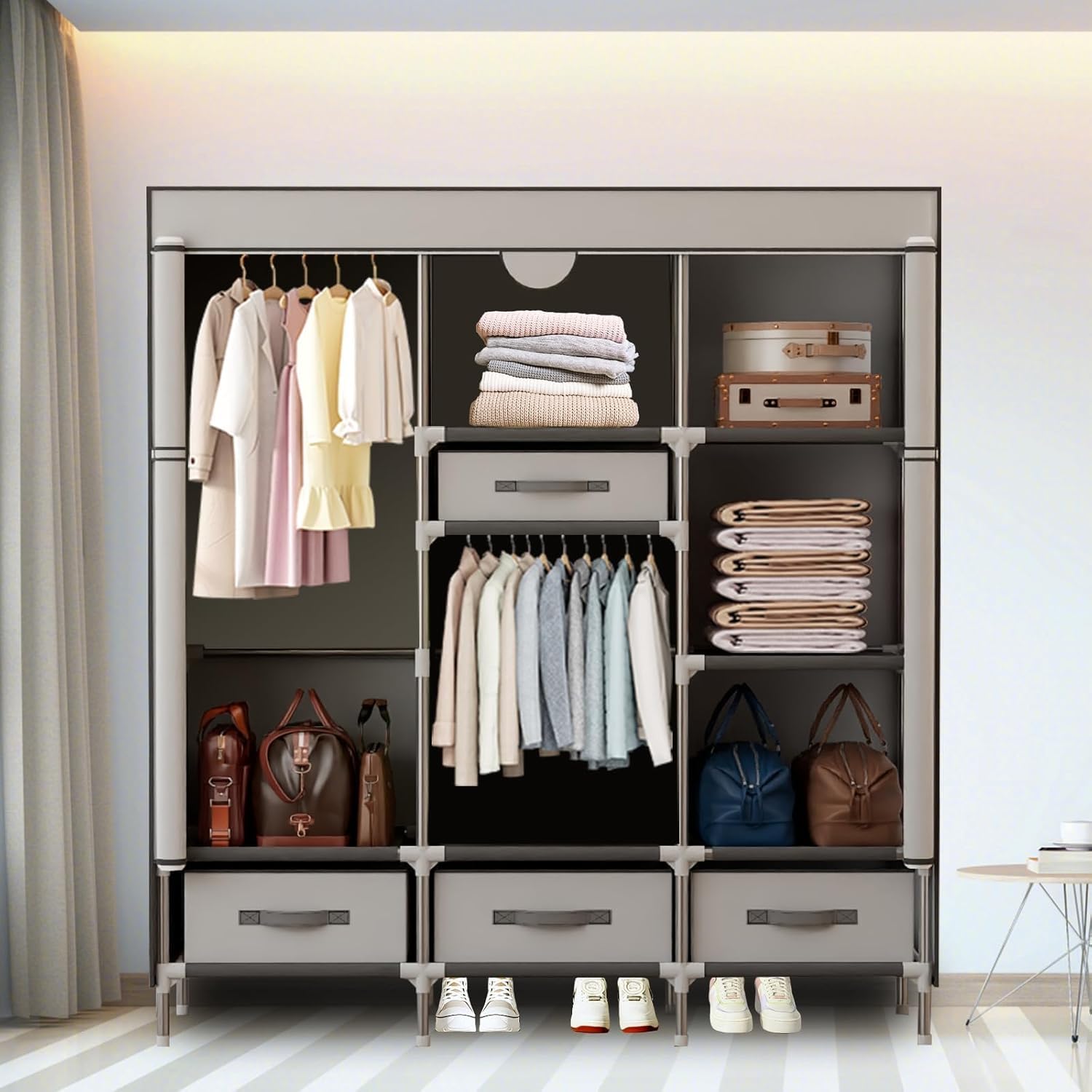 Armario de tela para dormitorio, perchero con cajones, 19 mm de grosor, armario estable para dormitorio, 125 x 45 x 170 cm