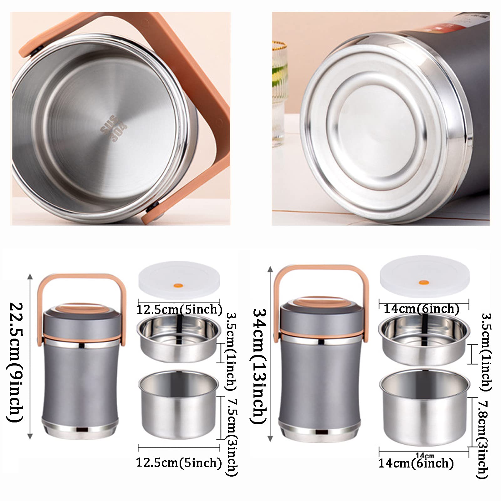 Bento Lunch Box dla Dorosłych Dzieci, Szczelny Termos Ze Stali Nierdzewnej Termiczny Pojemnik Na Żywność do Szkoły/Pracy, Utrzymuj Żywność w Ciepły,Gray,2.6L