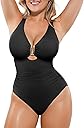 SHAPELLX Tummy Control Swimsuits One Piece V Neck Slimming Bathing Suit for Women Cutout Ruched Shapewear Swimwear