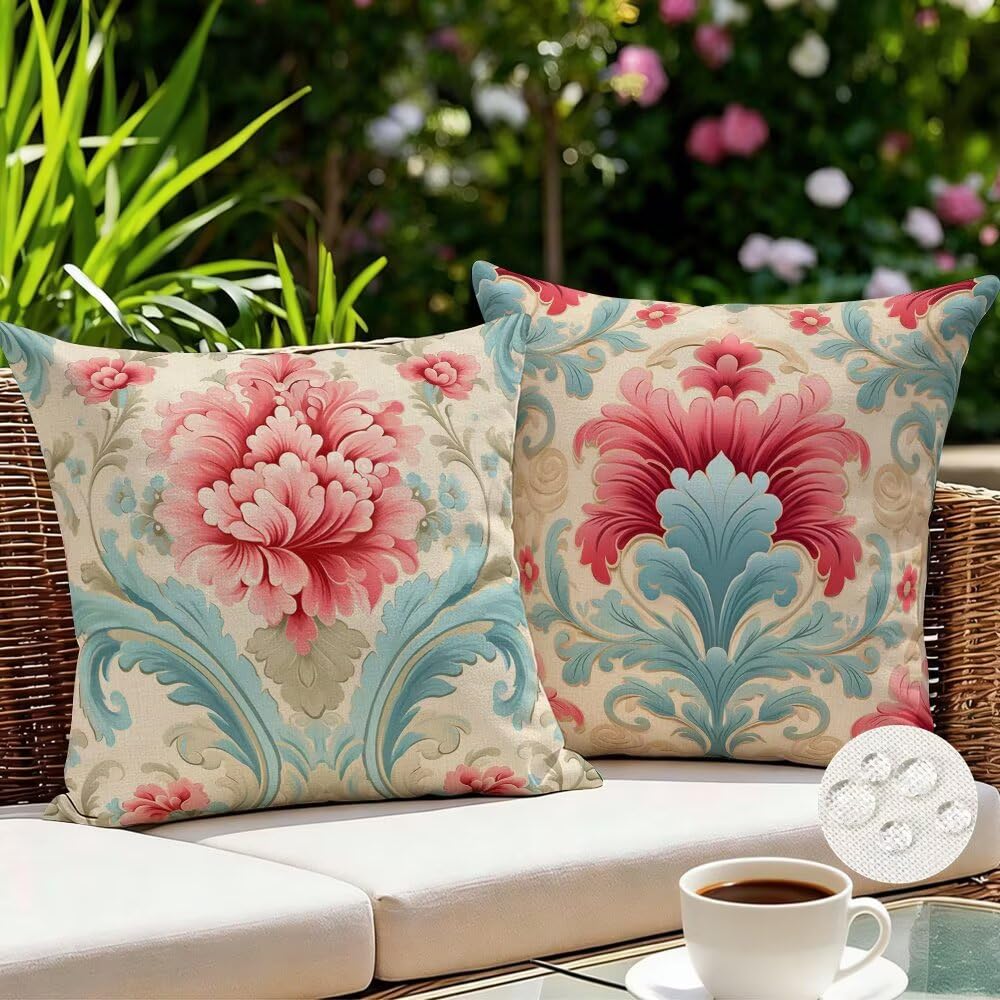 Outdoor Cushion Covers 35cm x 35cm Flowers Garden Cushions Waterproof Pastoral Throw Pillow Cases Set of 2 Boho Cushion Cover Linen Sofa Cushions Decorative Throw Pillows for Garden Patio (IU222)
