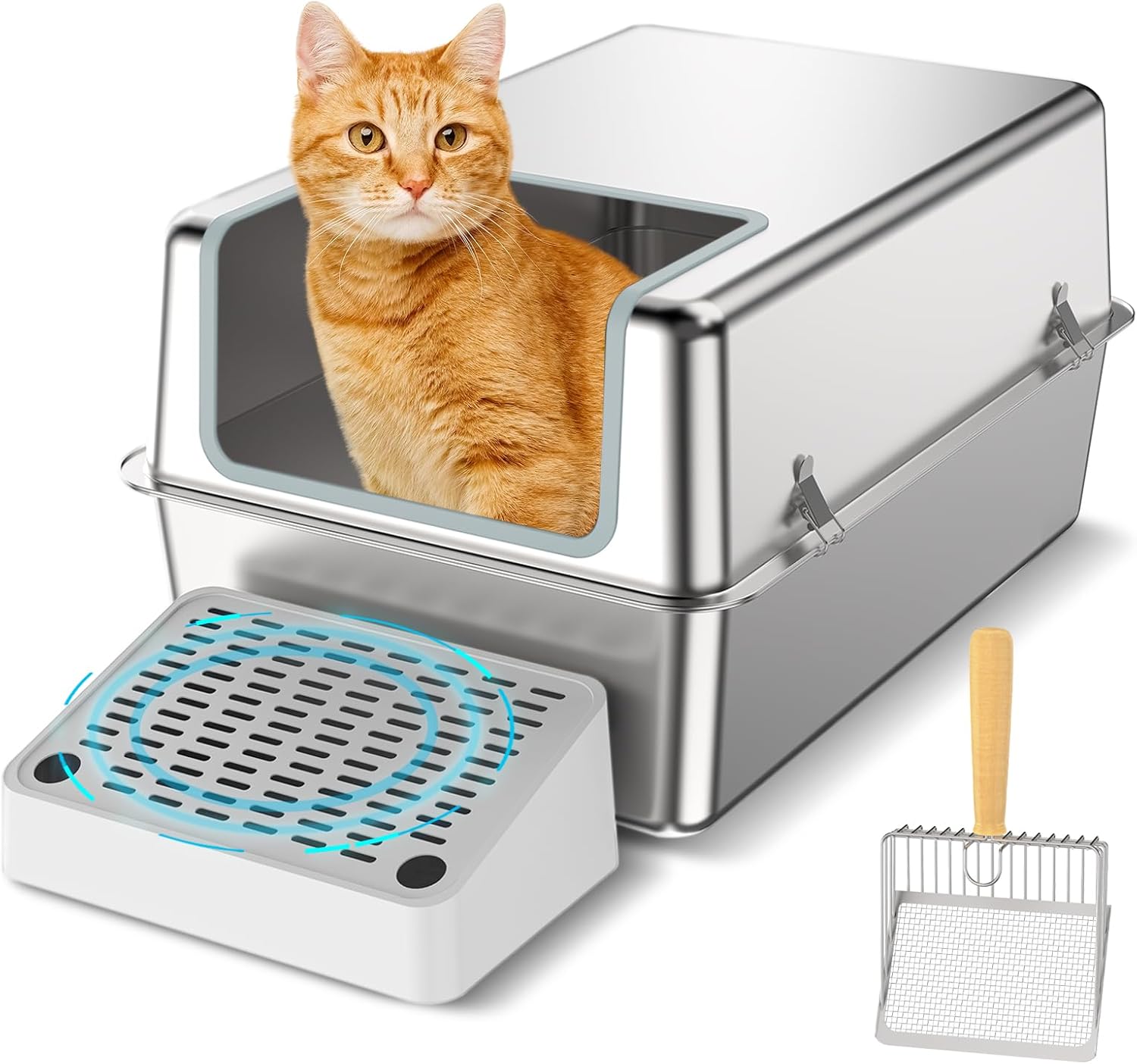 Stainless Steel Cat Litter Box with Lid, Enclosed Metal Litter Box, XL Extra Large Cat Litter Box with Scoop and Filter Pedal, Non-Sticky High Side Kitty Litter Box