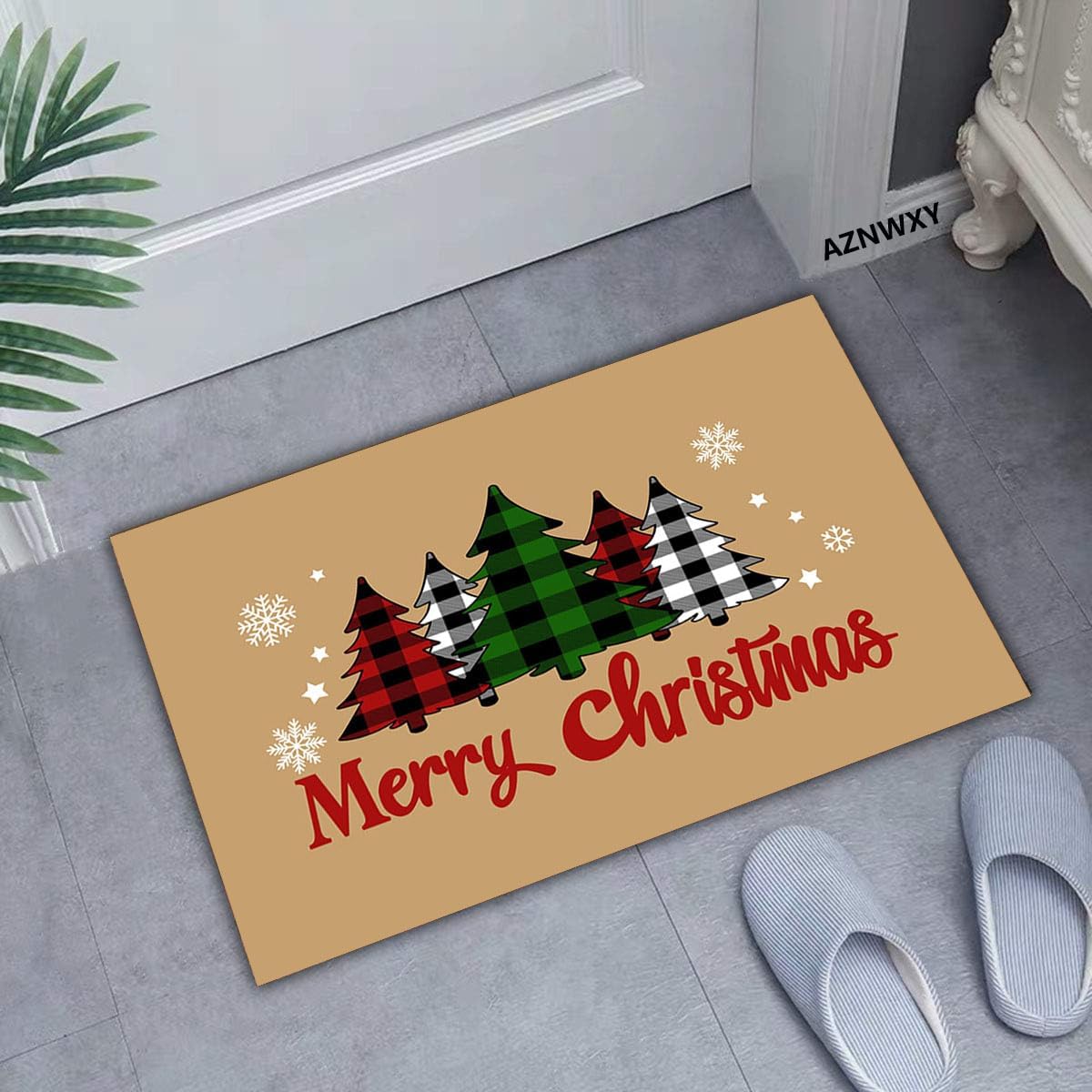 AZNWXY Welcome Doormat - Merry Christmas Doormat, Red and Black Plaid Outdoor Mat Entrance Mat Funny Floor Mats