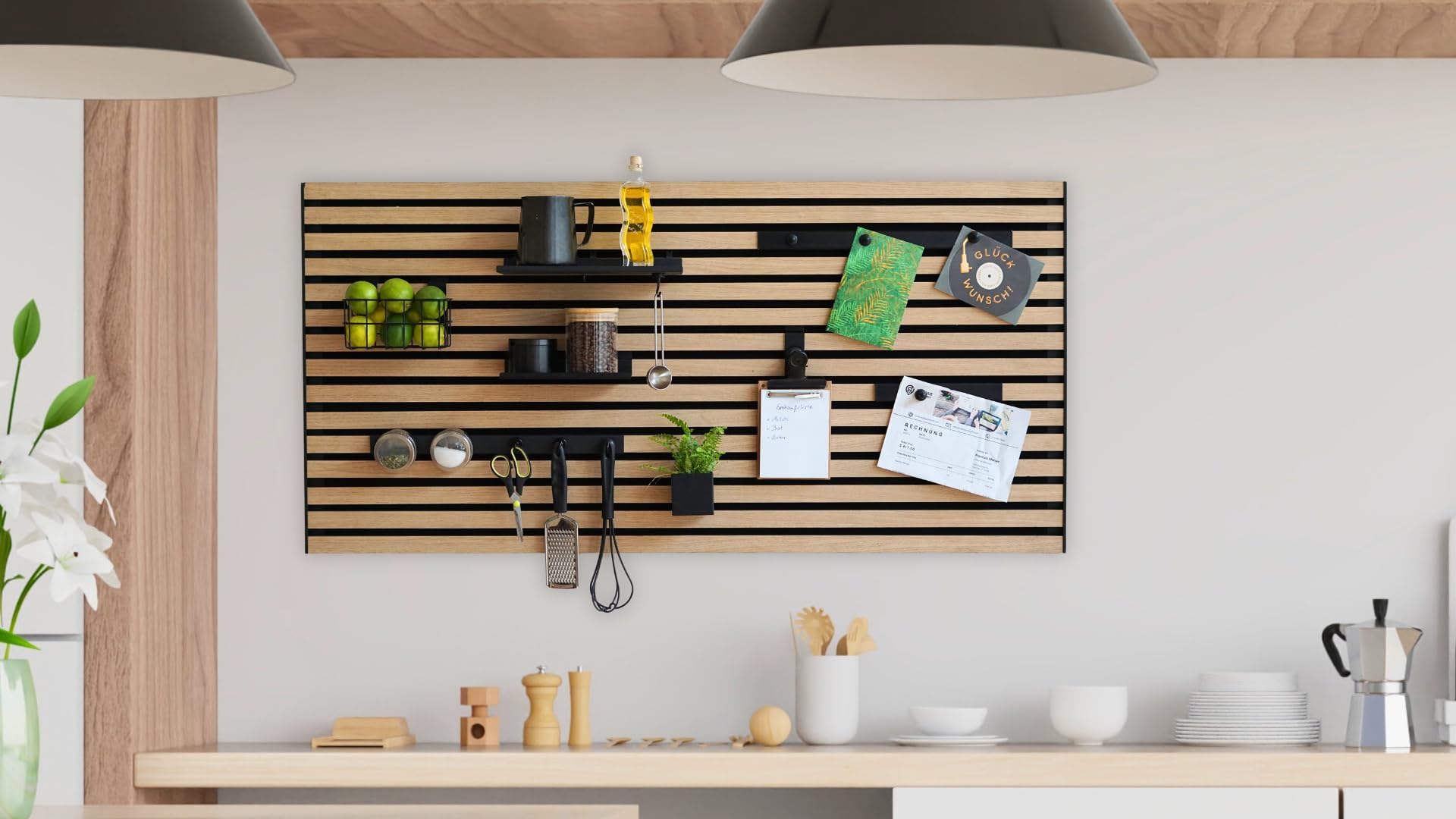 Steinmine - Designmanufaktur Wandorganizer (60 x 120 cm) - Akustikpaneel mit Eichenholzlamellen - inkl. Zubehör - einfache Montage - für Büro, Flur, Küche, Bad und mehr