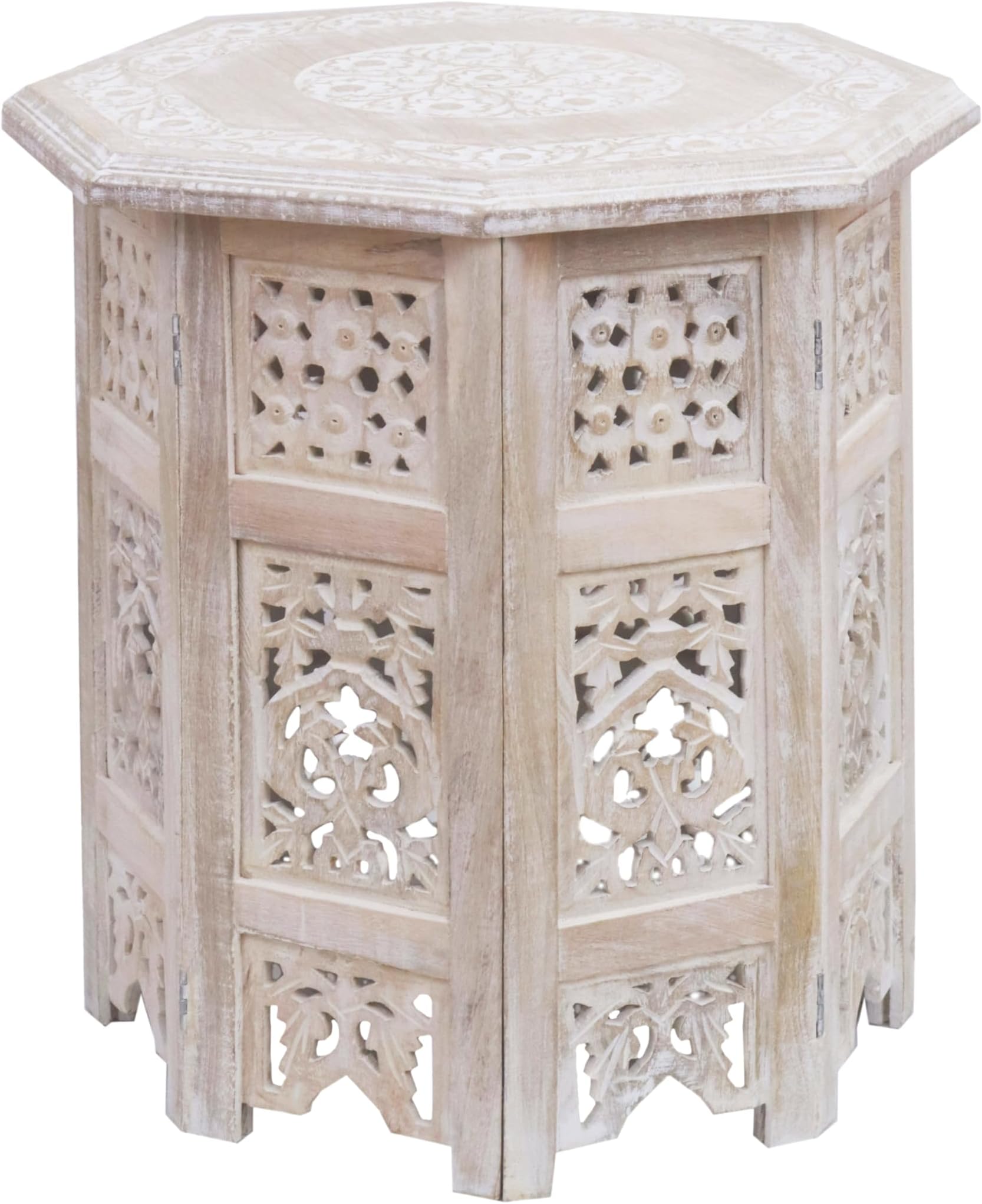 COTTON CRAFT Solid Wood End Table - Hand Carved Vintage Boho Folding Side Table - Small Spaces Entryway Accent Table - Farmhouse Living Room Bedside - No Tools Assembly - 18x18 Octagon - White Wash