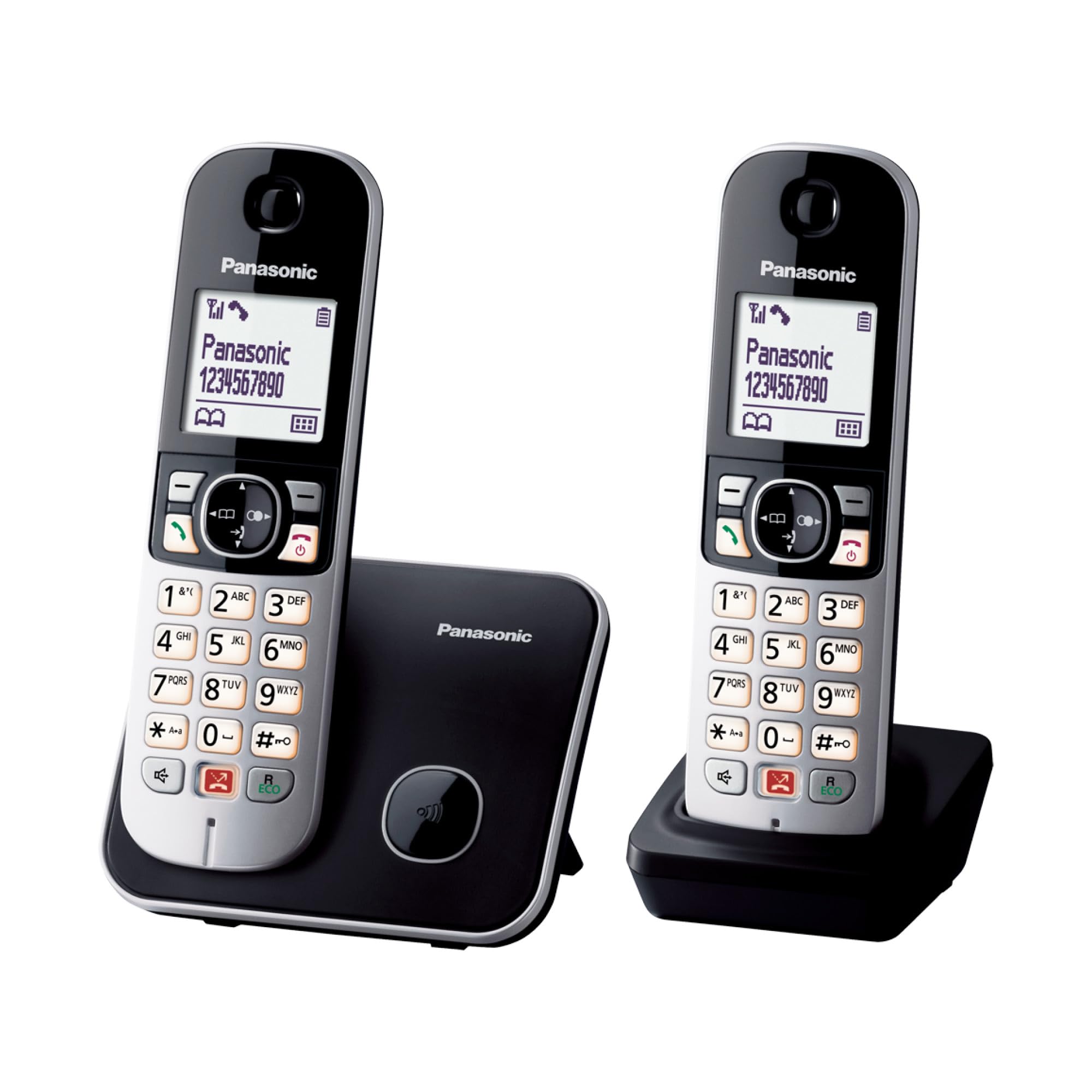 Panasonic KX-​TG6852 Teléfono Fijo Inalámbrico Dúo con Manos Libres (Monitor de Bebes, Bloqueador de Llamadas, Modo No Molestar, Baja Radiación, Modo Eco) Plateado