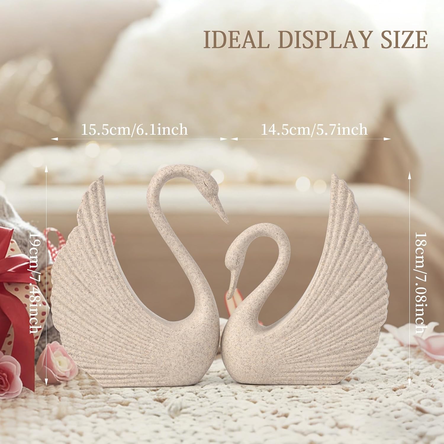 Heart Shape Swan Couple Figurine - Romantic Love Statue, for Women Couple Wife,Wedding, Modern Style Decor for Shelf Office Living Room Coffe Table (Sandstone)