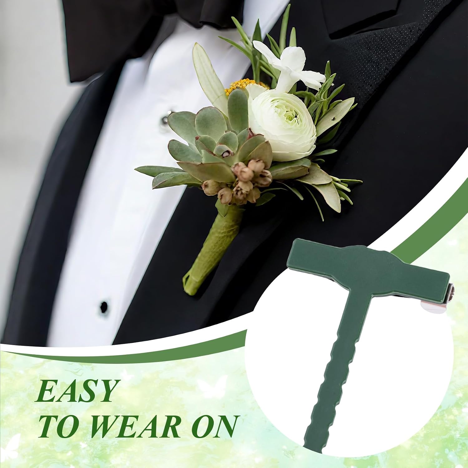 10pcs T-Shaped Boutonniere Pins, Plastic Corsage Safety Pins for Bride Groom, Small Boutonniere Brooch Pin for Crafts for Wedding Birthday Parties- Green