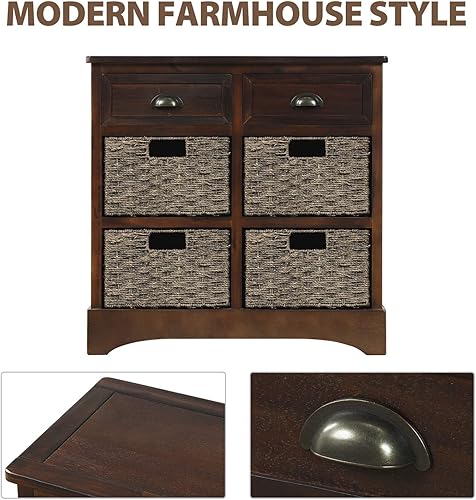 Miniatura 4 de P PURLOVE Armario de almacenamiento de estilo retro con 2 cajones de madera y 4 cestas de mimbre para el hogar, cocina, entrada, sala de estar