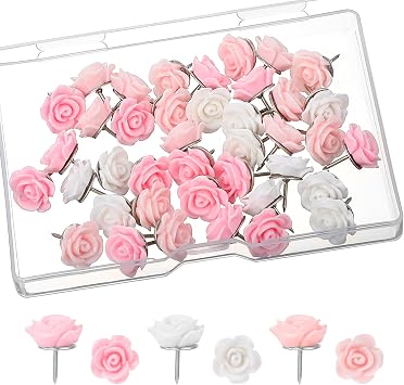 40Pcs Flower Push Pins, Rose Thumb Tacks Cute Pink Thumbtacks for Cork Board Decorative Push Pins for Bulletin Board Photos Wall Maps Offices