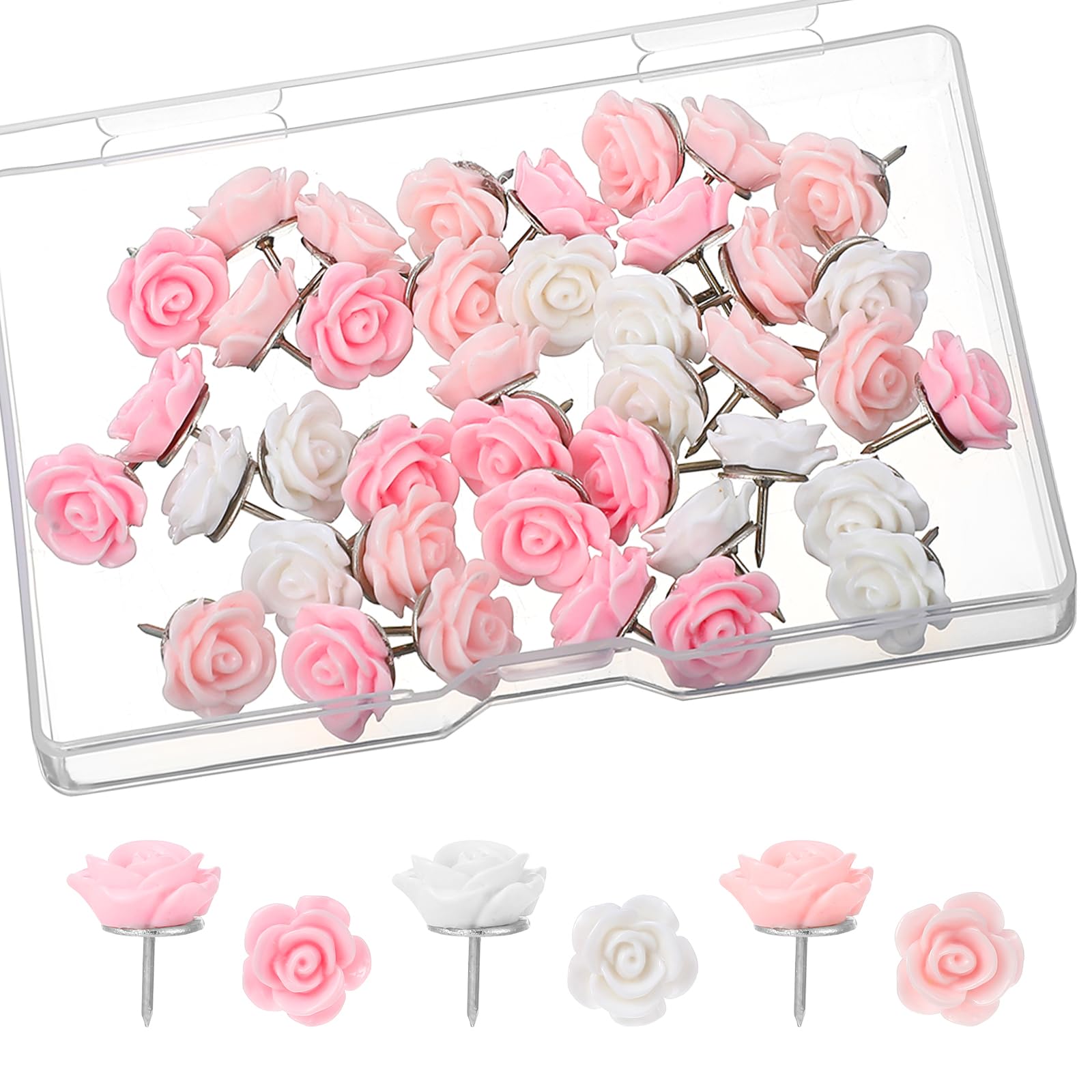 XLIUAX 40Pcs Flower Push Pins, Rose Thumb Tacks Cute Pink Thumbtacks for Cork Board Decorative Push Pins for Bulletin Board Photos Wall Maps Offices