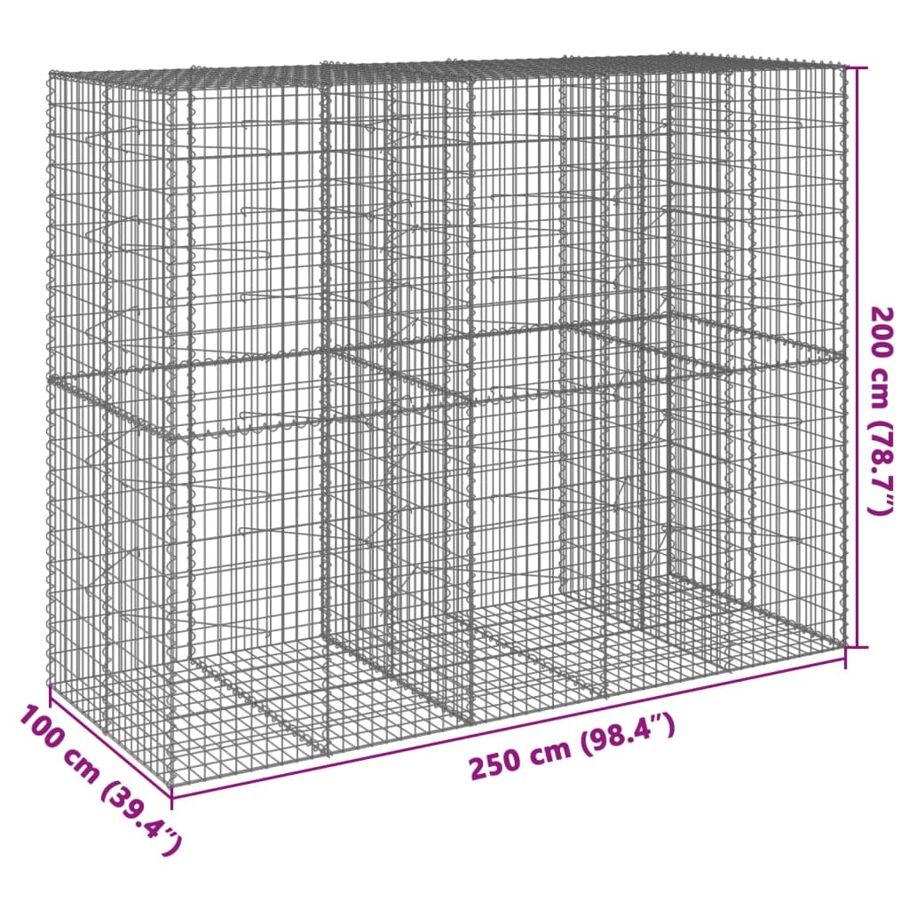Gavión con tapa, 250 x 100 x 200 cm, metal galvanizado | Cesta de malla de alambre de hierro galvanizado resistente para jardinería y privacidad en exteriores.