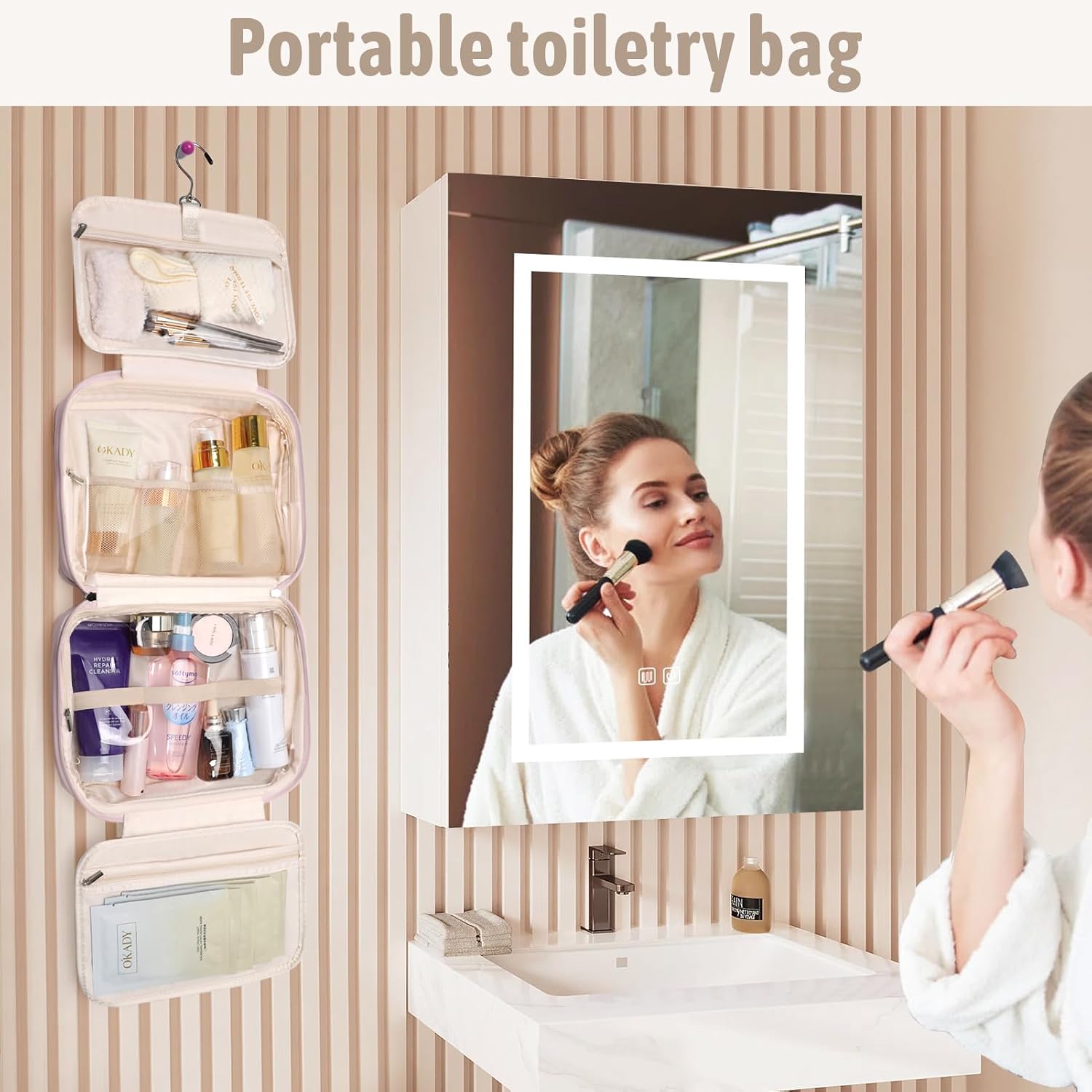 YOPCDJ Hanging Toiletry Bag with Jewelry Organizer,Travel Bag for Toiletries,PU Leather Cosmetic Bags for Women Make Up Organizer with 4 Compartments Waterproof Portable Travel Essentials