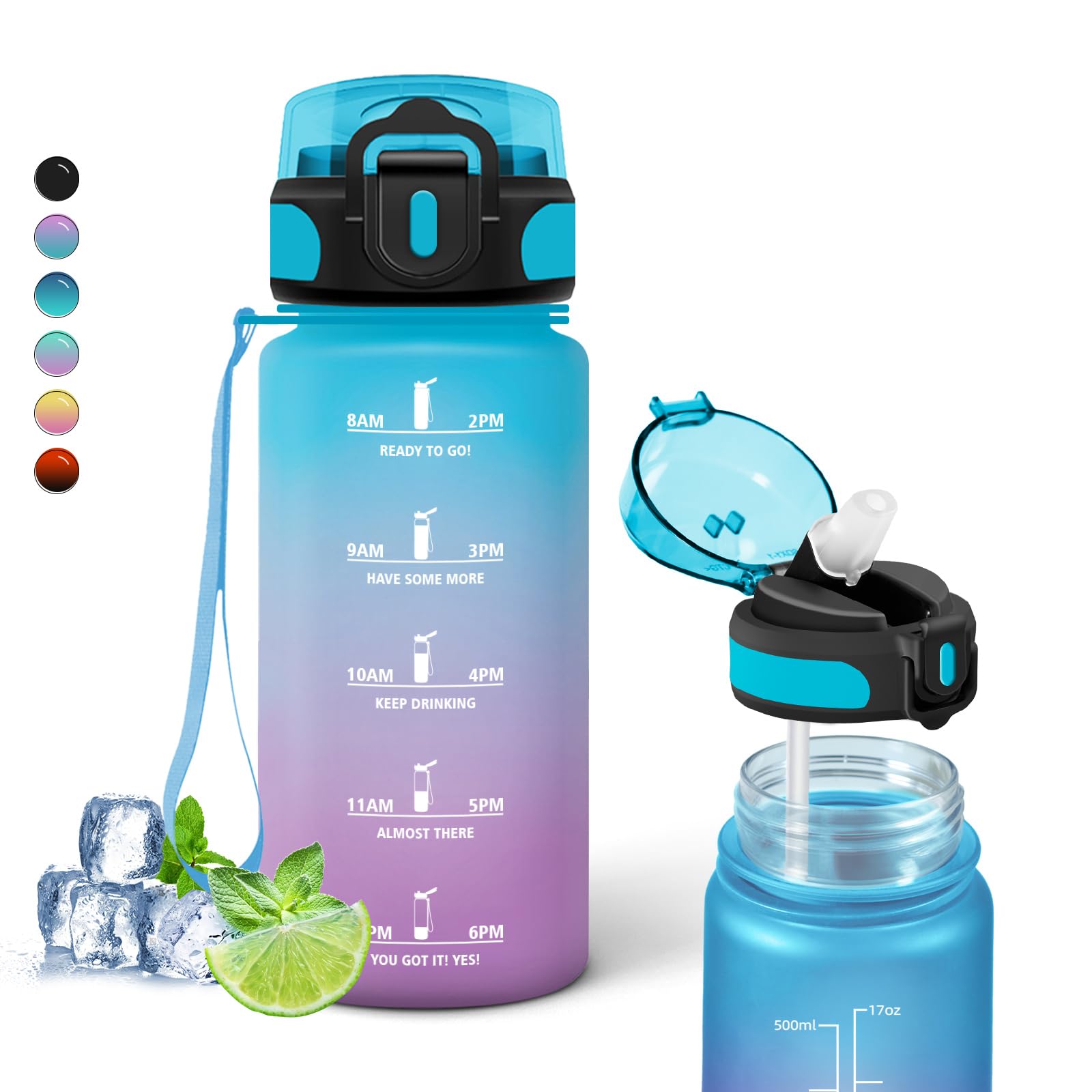 Grsta Blue-Purple Children's Water Bottle, 500 Ml Drinking Bottle With Straw, Easy To Clean, Time Marking, Leak-Proof, For School, Travel, Camping, Running, Blue/Purple