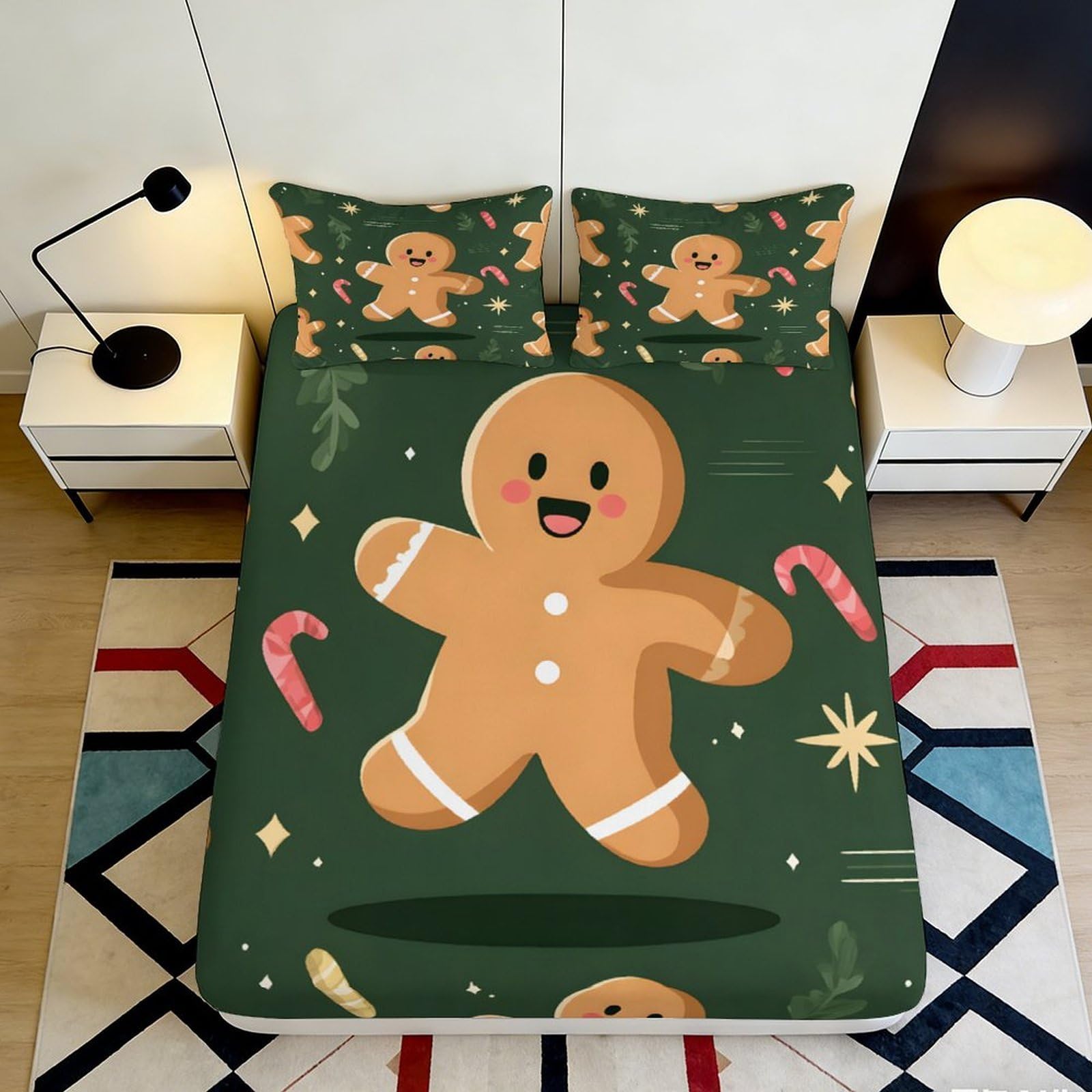 3D Printed Gingerbread Fitted Sheet Microfiber Deep Pocket Bedroom Bedding Set Gingerbread Mattress Fitted Cover Elastic Hem Washable for All Ages 140x200x25cm