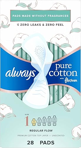 Miniatura 10 de Always Almohadillas femeninas de algodón puro para mujer, almohadillas FlexFoam con alas, talla 1, absorción regular, sin perfume, 84 unidades (3