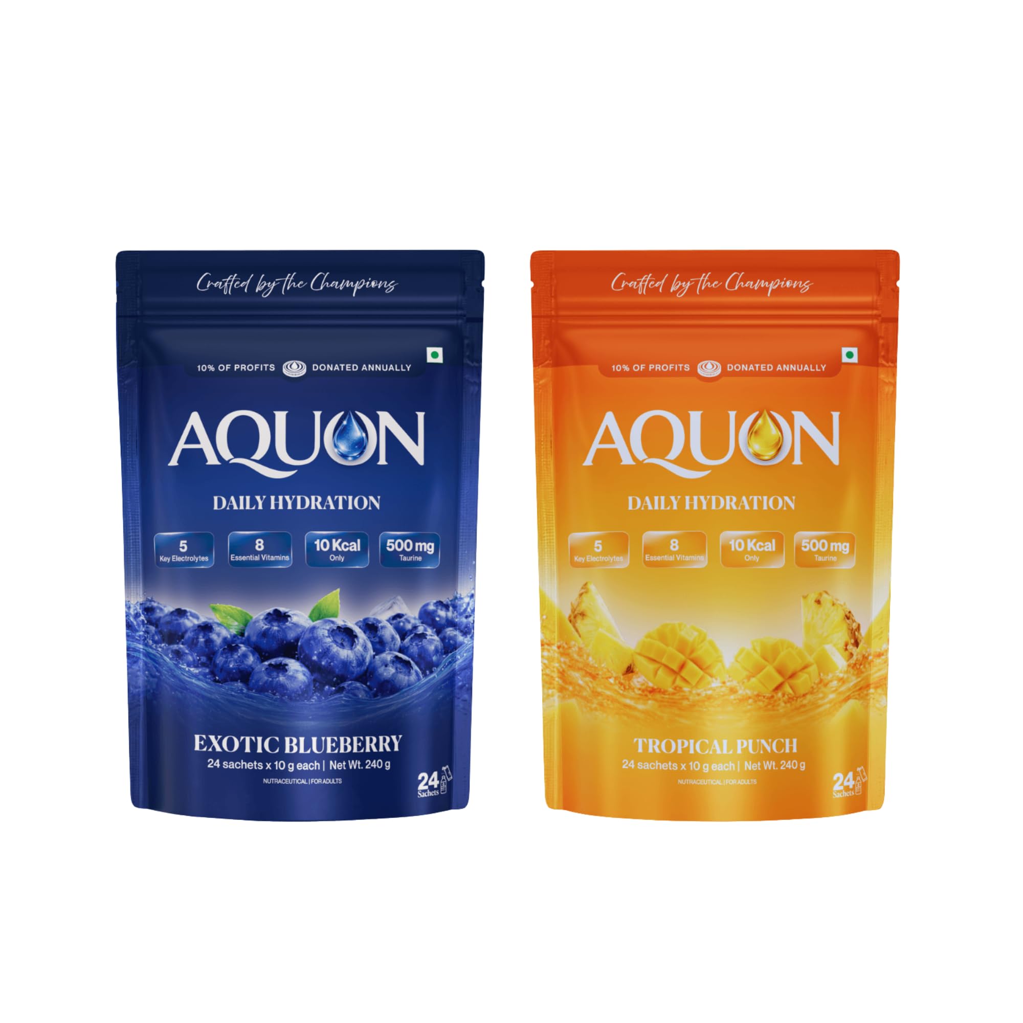 AQUON Electrolyte Drink Mix Combo, Exotic Blueberry & Tropical Punch | 2 Boxes of 24 x 10 g Sachets | 5 Key Electrolytes, 8 Essential Vitamins, 500 mg Taurine | 10 kcal | No Caffeine | Vegetarian-image-43