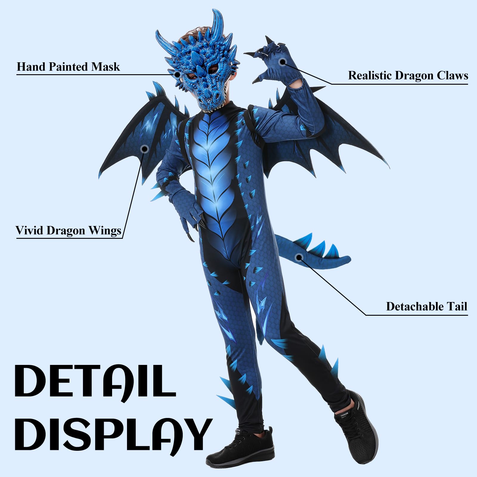 Heionia Dragon Costume Children's Dragon Costume with Wings Masks for Boys Girls Dragon Cosplay Set for Carnival Halloween Theme Party Fancy Dress (Blue - Image 2