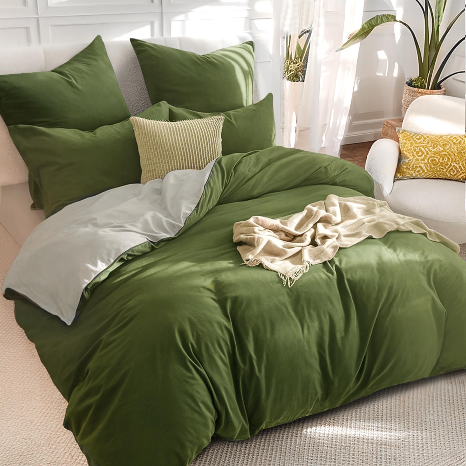 RUIKASI Olive King Size Duvet Cover Sets Beige, Reversible Green Duvet Cover Kingsize Bedding Set including Zip