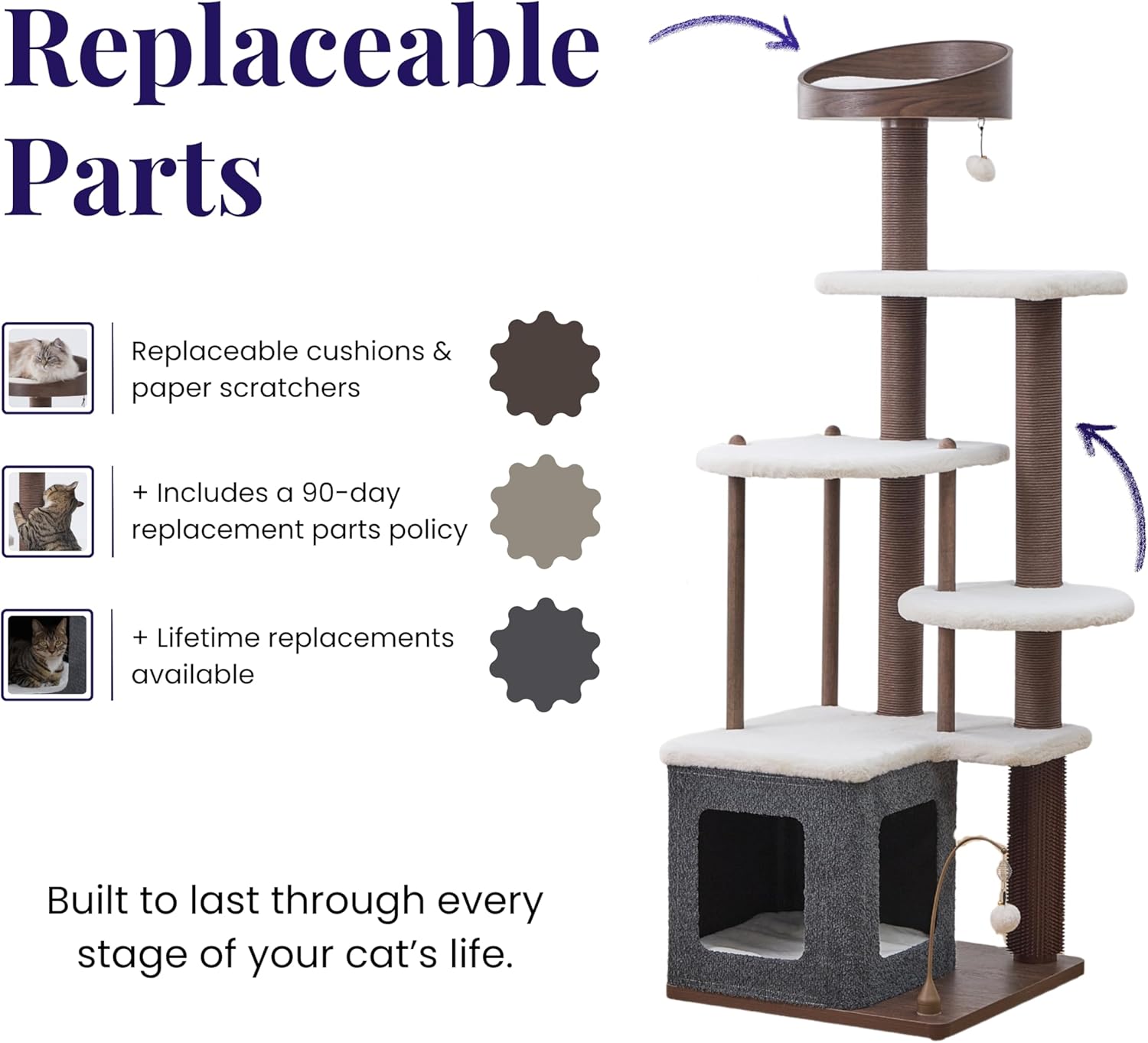 Catry Trinity 5-Level Recycled Paper & Laminated Wood Cat Tree with Washable Plush Beds, Massager, Toys, Ideal for Small to Large Cats and Multi-Cat Homes