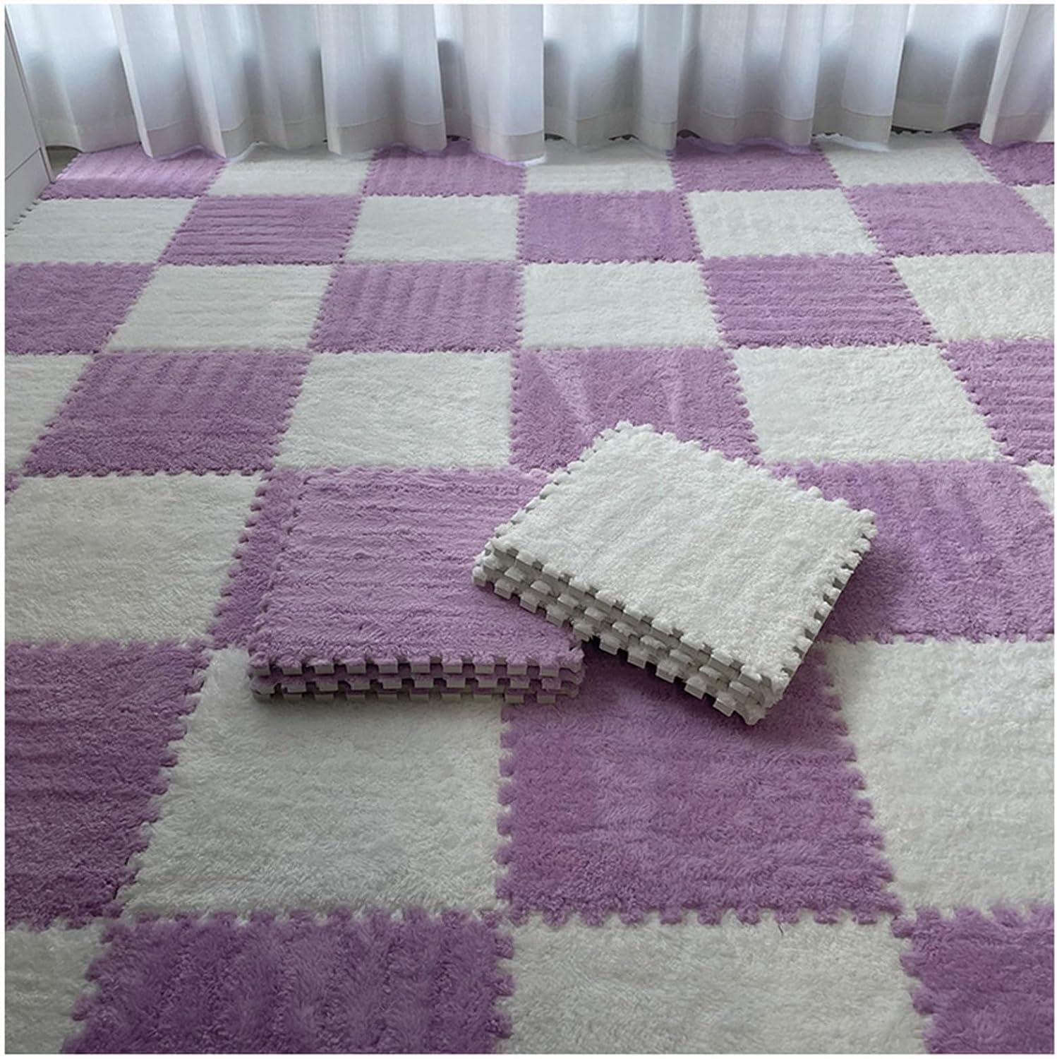 JvFbjLF Plush Carpet Puzzle Mats For Floor Interlocking Foam Floor Mat 30x30cm Carpet Square Fluffy Foam Tiles(White+Purple)