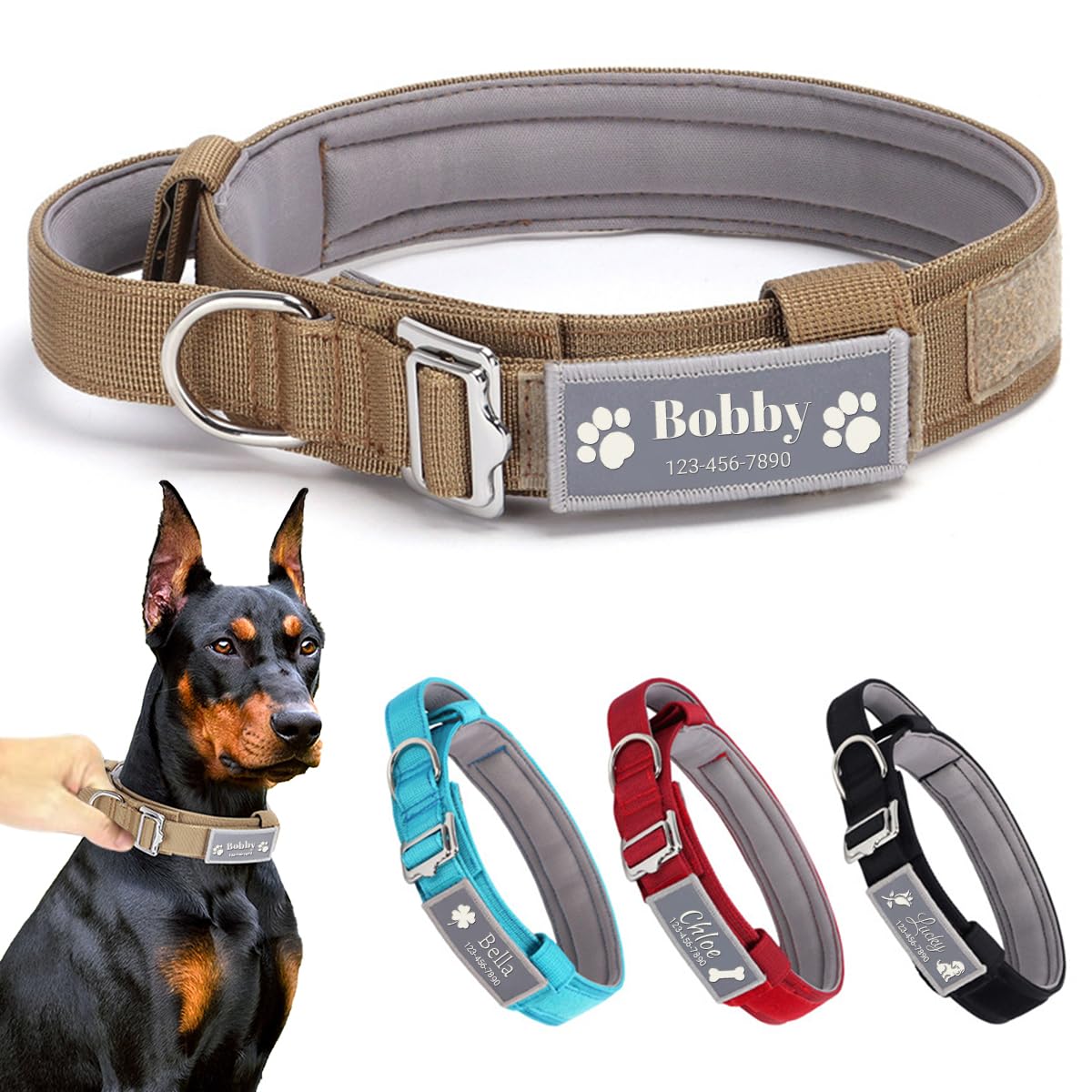 Personalized Tactical Dog Collar with Name Phone Number Reflective Tag, Custom Pet Collar with Control Handle and Strong Metal Buckle for Medium and