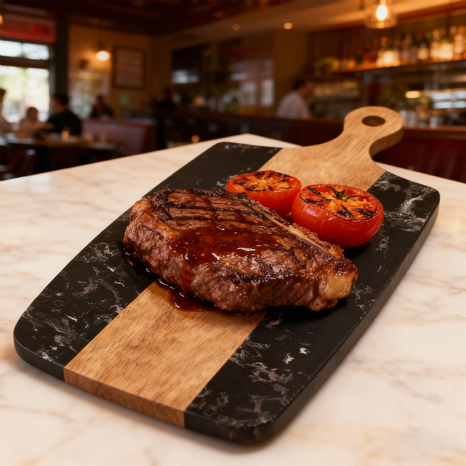 Marble Cutting Board, Charcuterie Board with Handle, Marble and Acacia Tray for steak, cheese, hamburgers and biscuits, Great for gifts (black 40cm)