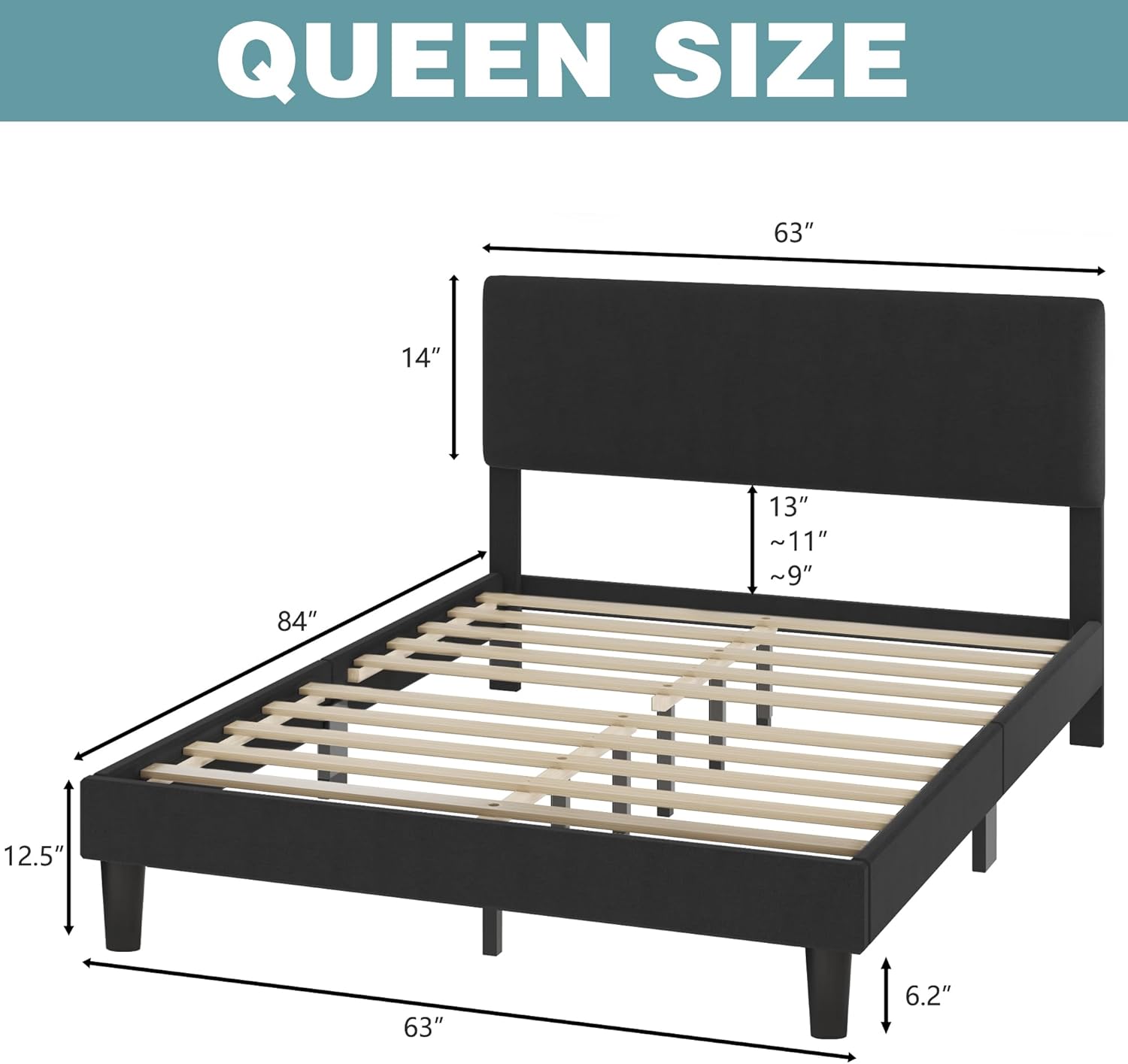 Detailed dimensions of the Queen size bed frame